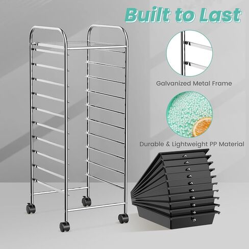 COSTWAY 10-Drawer Rolling Storage Cart, Utility Mobile Trolley with Removable Drawers & Universal Casters & 2 Brakes, Versatile Flexible Drawer Organizer Cart for Home, Office (Black) in Kuwait