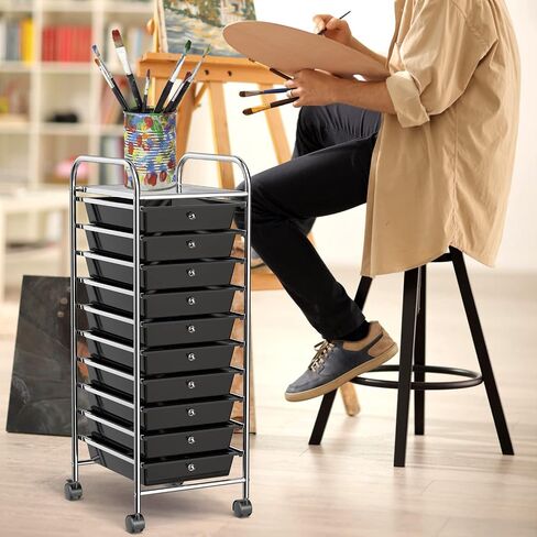 COSTWAY 10-Drawer Rolling Storage Cart, Utility Mobile Trolley with Removable Drawers & Universal Casters & 2 Brakes, Versatile Flexible Drawer Organizer Cart for Home, Office (Black) in Kuwait