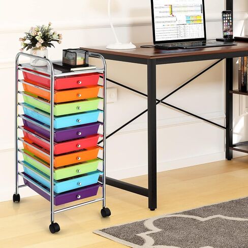COSTWAY 10-Drawer Rolling Storage Cart, Utility Mobile Trolley with Removable Drawers & Universal Casters & 2 Brakes, Versatile Flexible Drawer Organizer Cart for Home, Office (Black) in Kuwait