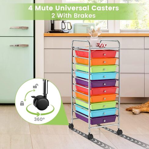 COSTWAY 10-Drawer Rolling Storage Cart, Utility Mobile Trolley with Removable Drawers & Universal Casters & 2 Brakes, Versatile Flexible Drawer Organizer Cart for Home, Office (Black) in Kuwait