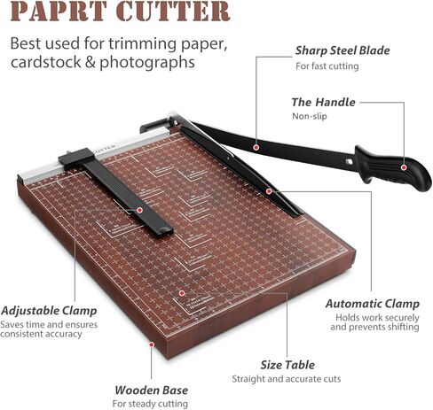 ماكينة تشذيب الورق المقصلة للورق بطول 15 بوصة وسعة 12 ورقة، قاعدة خشبية مع مشبك قابل للتعديل وقفل أمان (مخزون أمريكي) (15 بوصة) in Kuwait