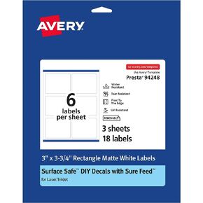 Avery Rectangle Labels with Sure Feed, 3" x 3-3/4", 18 White Labels, Print-to-The-Edge, Surface Safe Clean Removable Label Adhesive, Laser/Inkjet Printable Labels in Kuwait