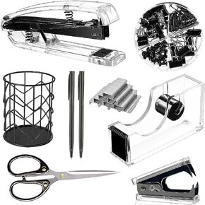 Office Desk Accessories，Office Supplies Set Acrylic Stapler Set Staple Remover, Tape Holder, Pen Holder, 2 Ballpoint Pen, Scissor, Binder Clips, Paper Clips and 1000pcs Staples(Black)