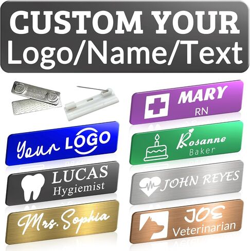 Custom Name Tag Engraved Name Badge with Logo Picture Personalized Id Badges with Pin Magnetic Backing Business Work Black in Kuwait