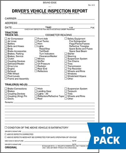 Detailed Driver's Vehicle Inspection Report - Book Format, 2-Ply Carbonless, 5.5" x 8.5", 31 Sets of Forms Per DVIR Book - Meet FMCSR Requirements - J. J. Keller & Associates in Kuwait