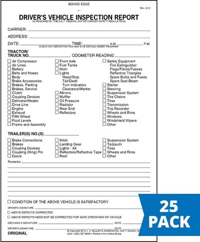 Detailed Driver's Vehicle Inspection Report - Book Format, 2-Ply Carbonless, 5.5" x 8.5", 31 Sets of Forms Per DVIR Book - Meet FMCSR Requirements - J. J. Keller & Associates in Kuwait