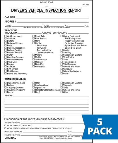 Detailed Driver's Vehicle Inspection Report - Book Format, 2-Ply Carbonless, 5.5" x 8.5", 31 Sets of Forms Per DVIR Book - Meet FMCSR Requirements - J. J. Keller & Associates in Kuwait