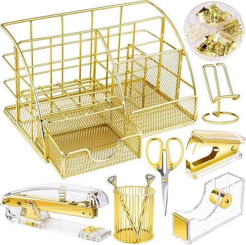 مجموعة ملحقات سطح المكتب باللون الذهبي الوردي من NiOffice - منظمات مساحة العمل المنزلية والمكتبية مع دباسة أكريليك، وموزع شريط، وحامل أقلام، ومقص، وحامل هاتف، ومشابك ربط و1000 دبوس in Kuwait