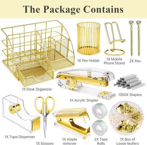 مجموعة ملحقات سطح المكتب باللون الذهبي الوردي من NiOffice - منظمات مساحة العمل المنزلية والمكتبية مع دباسة أكريليك، وموزع شريط، وحامل أقلام، ومقص، وحامل هاتف، ومشابك ربط و1000 دبوس in Kuwait
