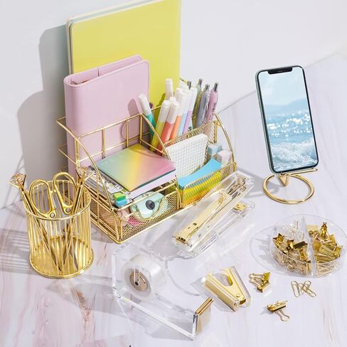 مجموعة ملحقات سطح المكتب باللون الذهبي الوردي من NiOffice - منظمات مساحة العمل المنزلية والمكتبية مع دباسة أكريليك، وموزع شريط، وحامل أقلام، ومقص، وحامل هاتف، ومشابك ربط و1000 دبوس in Kuwait