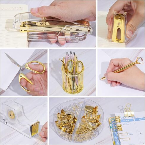 مجموعة ملحقات سطح المكتب باللون الذهبي الوردي من NiOffice - منظمات مساحة العمل المنزلية والمكتبية مع دباسة أكريليك، وموزع شريط، وحامل أقلام، ومقص، وحامل هاتف، ومشابك ربط و1000 دبوس in Kuwait