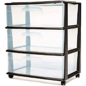 HOMZ 3-Drawer Cart Organizer, Plastic Storage Drawers, Home Storage Organizer with Removeable Wheels, Medium, Black