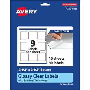 ملصقات مربعة شفافة لامعة من Avery مع تغذية مؤكدة، 2.5 بوصة × 2.5 بوصة، 450 ملصق شفاف لامع، ملصقات قابلة للطباعة بالليزر/نفث الحبر in Kuwait