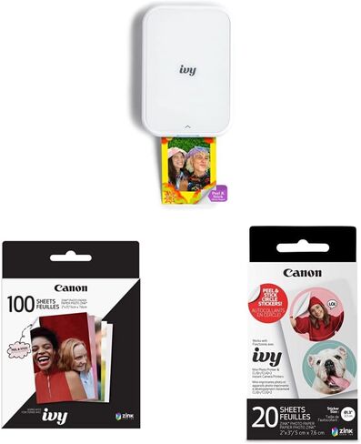 Canon Ivy 2 Mini Photo Printer, Pure White & Zink™ Sticky Back Photo Paper Pack (100 Sheets) & Ivy Zink Pre-Cut Circle Sticker Paper, 20 Sheets in Saudi Arabia
