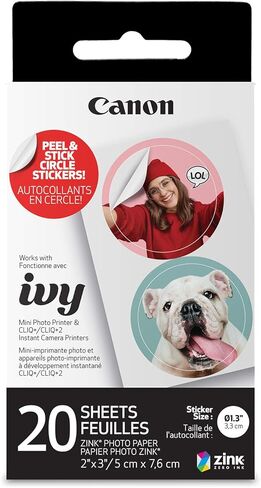 Canon Ivy 2 Mini Photo Printer, Pure White & Zink™ Sticky Back Photo Paper Pack (100 Sheets) & Ivy Zink Pre-Cut Circle Sticker Paper, 20 Sheets in Saudi Arabia