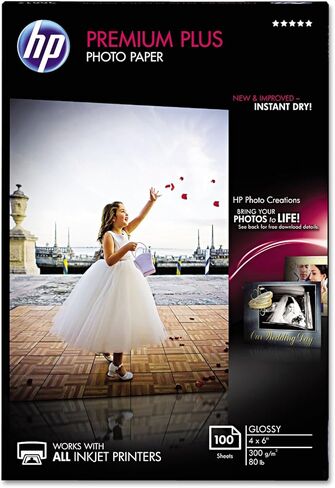HP Premium Plus Photo Paper - Glossy - Smudge proof, water resistant, and quick drying - Inkjet technology - 4" x 6" sheet size - 11.5 mm thickness in Saudi Arabia