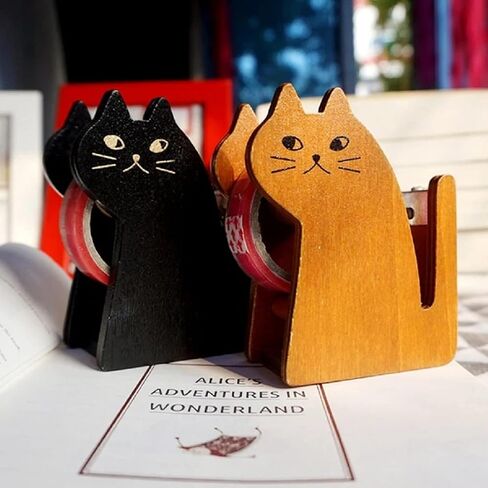 Desktop Tape Dispenser,Cat Design Tape Dispenser Vintage Wooden Cute Kitty Tape Dispenser Stand Cutter Desktop Packing and Shipping Tool Adhesive Roll Holder with Cutter for Home Office in Saudi Arabia