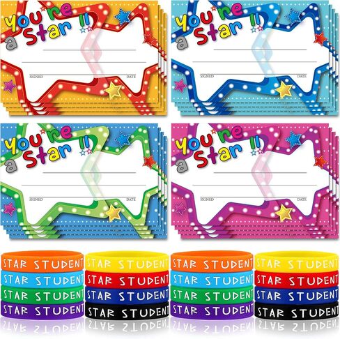 Junkin 32 Pcs Star Student Certificate Award Wristband Happy Birthday Certificate Recognition Award Gifts Congrats Star of The Week Month Award for Back to School Classroom(Birthday) in Kuwait