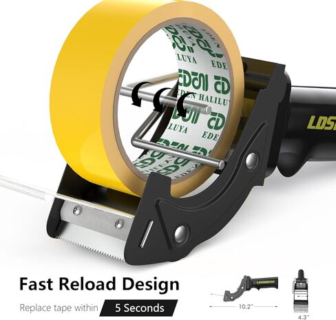 مسدس توزيع شريط سريع الاستبدال من LDS مع لفة شريط مقاس 2 بوصة × 60 ياردة (شفافة) وشفرة إضافية، قاطع شريط خفيف الوزن مريح وشديد التحمل للتغليف وختم الصندوق باللون الأسود in Kuwait