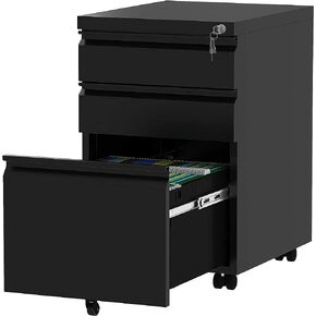 3-Drawer Mobile File Cabinet with Lock, Office Storage Filing Cabinet for Legal/Letter Size, Pre-Assembled Metal File Cabinet Except Wheels Under Desk (2 Drawer,Black)