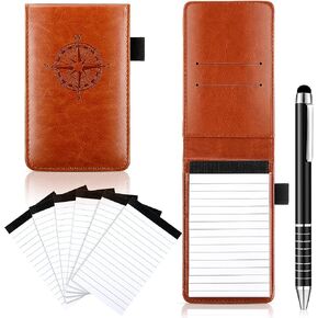 8 Pieces Mini Pocket Notepad Holder Set, Leather Compass Mini Notebook Holder with 50 Lined Sheets, Metal Pen and 6 Pieces 3 x 5 Inch Memo Book Refills, 30 Lined Paper Per Pad for Office School, Brown