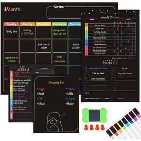 مجموعة تقويم مغناطيسية قابلة للمسح الجاف، تقويم سبورة سوداء مغناطيسية للثلاجة - مخطط شهري، مخطط اعمال روتينية، قائمة فارغة وقائمة قائمة باللون الاسود، منظم ثلاجة المطبخ مع 8 اقلام ماركر + ممحاة in Kuwait