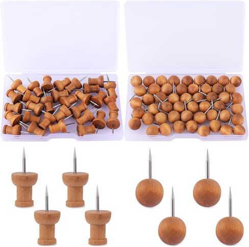 SAVITA 80pcs Wood Push Pins, Wooden Thumb Tacks Round Head Tacks with Steel Needle Map Pins Decorative Push Pins for Bulletin Board Documents Photos Maps (Brown) in Kuwait