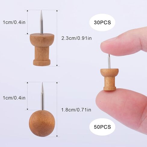SAVITA 80pcs Wood Push Pins, Wooden Thumb Tacks Round Head Tacks with Steel Needle Map Pins Decorative Push Pins for Bulletin Board Documents Photos Maps (Brown) in Kuwait