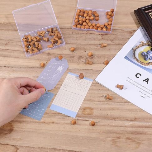 SAVITA 80pcs Wood Push Pins, Wooden Thumb Tacks Round Head Tacks with Steel Needle Map Pins Decorative Push Pins for Bulletin Board Documents Photos Maps (Brown) in Kuwait