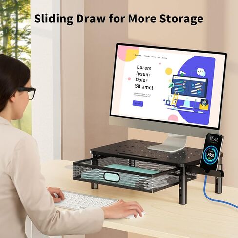 Zimilar Monitor Stand Riser with Metal Mesh Drawer+Monitor Stand Riser with Drawer, Monitor Riser with Side Storage Pockets for Desk in Kuwait