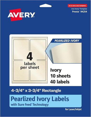 Avery Pearlized Ivory Rectangle Labels with Sure Feed Technology, Print-to-The-Edge, 4.75" x 3.75", 40 Pearlized Ivory Labels, Laser/Inkjet Printable Labels in Saudi Arabia