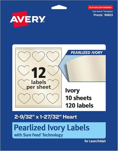 Avery Pearlized Ivory Heart Labels with Sure Feed Technology, Print-to-The-Edge, 2-9/32" x 1-27/32", 120 Pearlized Ivory Labels, Laser/Inkjet Printable Labels in Saudi Arabia