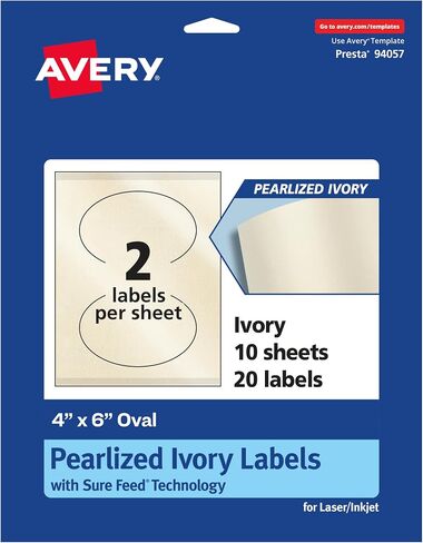 Avery Pearlized Ivory Oval Labels with Sure Feed Technology, Print-to-The-Edge, 4" x 6", 20 Pearlized Ivory Labels, Laser/Inkjet Printable Labels in Saudi Arabia