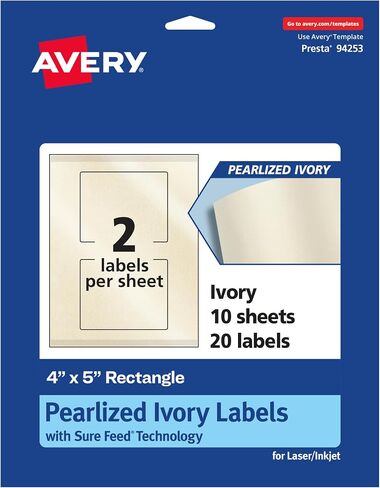 ملصقات مستطيلة عاجية لؤلؤية من Avery مزودة بتقنية التغذية المؤكدة، طباعة على الحافة، 4 بوصة × 5 بوصة، 20 ملصقًا عاجيًا لؤلؤيًا، ملصقات قابلة للطباعة بالليزر/نفث الحبر in Saudi Arabia