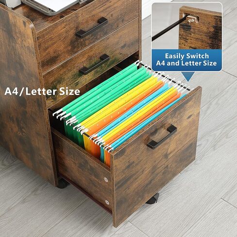 Kavonty File Cabinet, Mobile Office Cabinet with 2 Small Fabric Drawers and 1 Large Drawer,for A4, Letter Size, Hanging File Folders, Rustic Brown and Black in Saudi Arabia