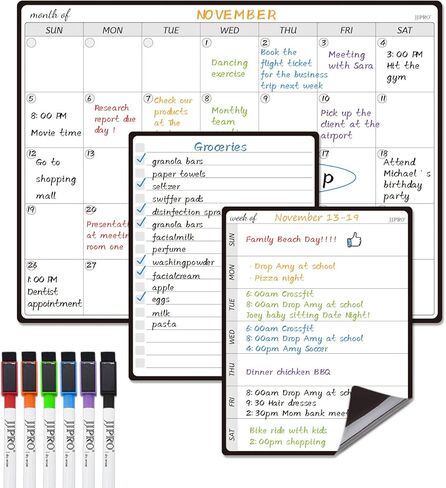 JJPRO Magnetic Monthly Calendar Whiteboard Set for Fridge-Monthly Planning Board and Two Bonus Dry Erase Grocery Board&Weekly Menu Board-Meal Planner Whiteboard/To-Do List-6 Markers in Kuwait