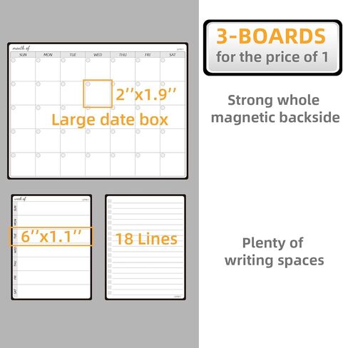 JJPRO Magnetic Monthly Calendar Whiteboard Set for Fridge-Monthly Planning Board and Two Bonus Dry Erase Grocery Board&Weekly Menu Board-Meal Planner Whiteboard/To-Do List-6 Markers in Kuwait