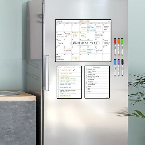JJPRO Magnetic Monthly Calendar Whiteboard Set for Fridge-Monthly Planning Board and Two Bonus Dry Erase Grocery Board&Weekly Menu Board-Meal Planner Whiteboard/To-Do List-6 Markers in Kuwait