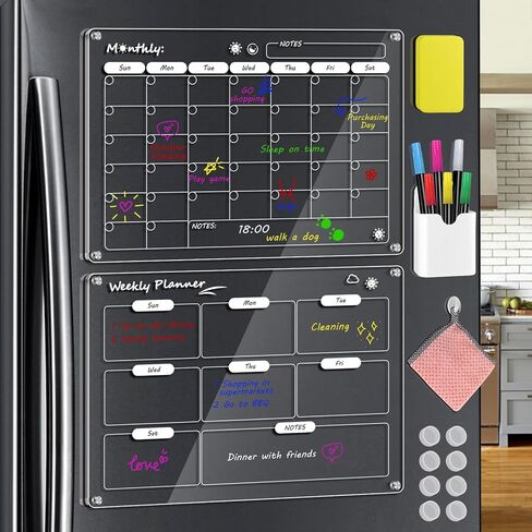 16x12 inch Magnetic Calendar for Fridge, 2 Pack Reusable Acrylic Fridge Calendar, Clear Dry Erase Board Monthly & Weekly Planning Board in Kuwait