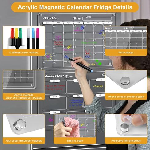 16x12 inch Magnetic Calendar for Fridge, 2 Pack Reusable Acrylic Fridge Calendar, Clear Dry Erase Board Monthly & Weekly Planning Board in Kuwait