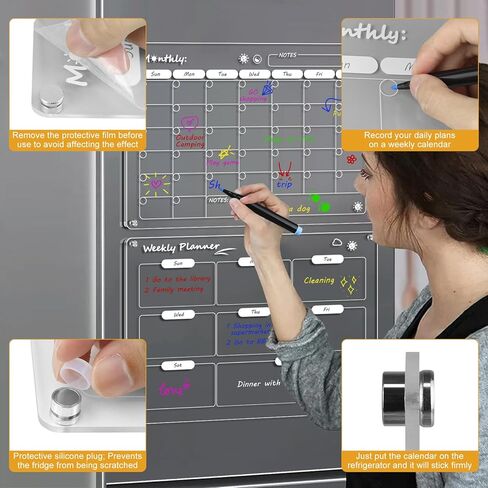 16x12 inch Magnetic Calendar for Fridge, 2 Pack Reusable Acrylic Fridge Calendar, Clear Dry Erase Board Monthly & Weekly Planning Board in Kuwait