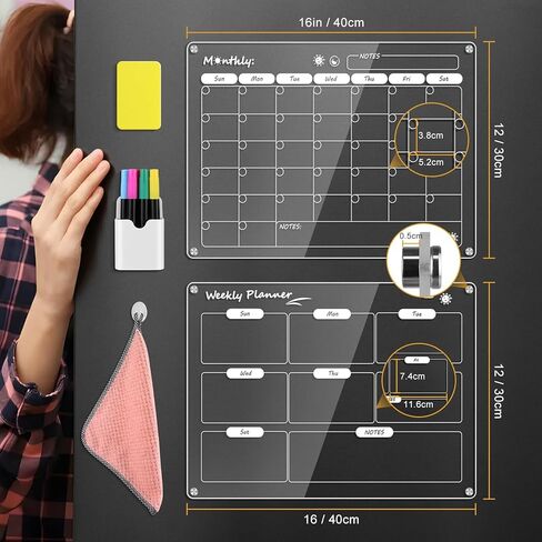 16x12 inch Magnetic Calendar for Fridge, 2 Pack Reusable Acrylic Fridge Calendar, Clear Dry Erase Board Monthly & Weekly Planning Board in Kuwait