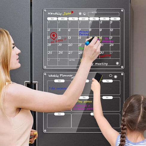 16x12 inch Magnetic Calendar for Fridge, 2 Pack Reusable Acrylic Fridge Calendar, Clear Dry Erase Board Monthly & Weekly Planning Board in Kuwait