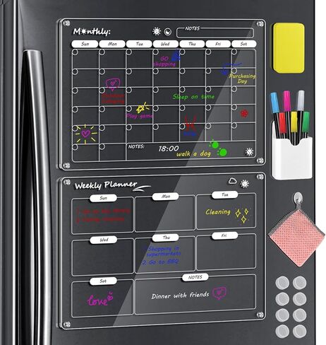 16x12 inch Magnetic Calendar for Fridge, 2 Pack Reusable Acrylic Fridge Calendar, Clear Dry Erase Board Monthly & Weekly Planning Board in Kuwait