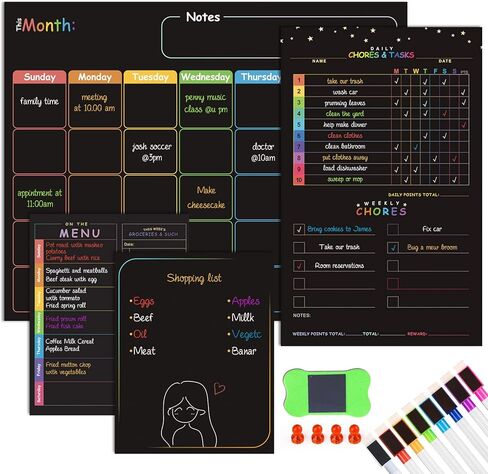 مجموعة تقويم مغناطيسية قابلة للمسح الجاف، تقويم سبورة سوداء مغناطيسية للثلاجة - مخطط شهري، مخطط اعمال روتينية، قائمة فارغة وقائمة قائمة باللون الاسود، منظم ثلاجة المطبخ مع 8 اقلام ماركر + ممحاة in Kuwait