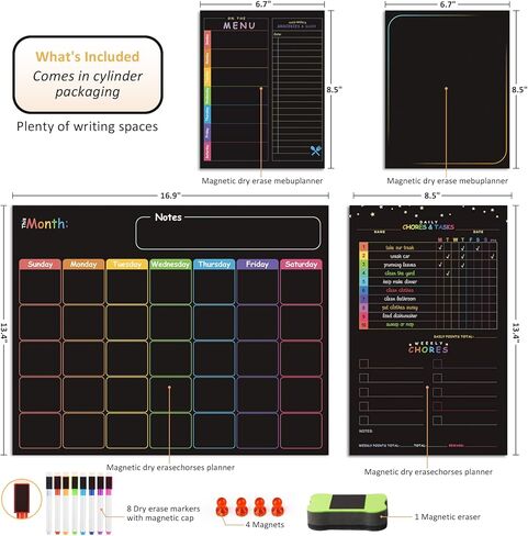 مجموعة تقويم مغناطيسية قابلة للمسح الجاف، تقويم سبورة سوداء مغناطيسية للثلاجة - مخطط شهري، مخطط اعمال روتينية، قائمة فارغة وقائمة قائمة باللون الاسود، منظم ثلاجة المطبخ مع 8 اقلام ماركر + ممحاة in Kuwait