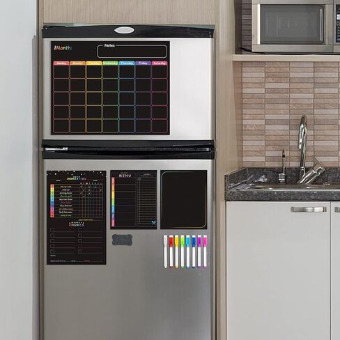 مجموعة تقويم مغناطيسية قابلة للمسح الجاف، تقويم سبورة سوداء مغناطيسية للثلاجة - مخطط شهري، مخطط اعمال روتينية، قائمة فارغة وقائمة قائمة باللون الاسود، منظم ثلاجة المطبخ مع 8 اقلام ماركر + ممحاة in Kuwait