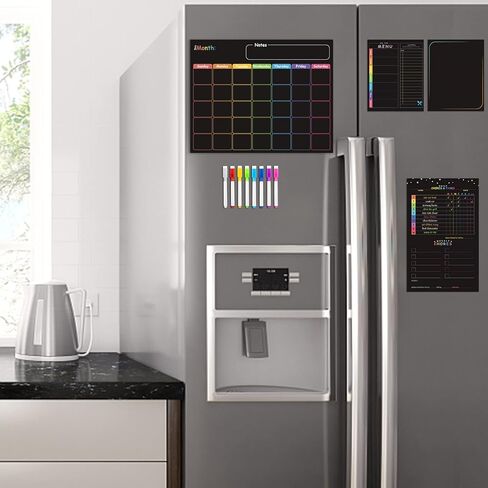 مجموعة تقويم مغناطيسية قابلة للمسح الجاف، تقويم سبورة سوداء مغناطيسية للثلاجة - مخطط شهري، مخطط اعمال روتينية، قائمة فارغة وقائمة قائمة باللون الاسود، منظم ثلاجة المطبخ مع 8 اقلام ماركر + ممحاة in Kuwait