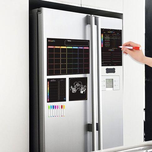 مجموعة تقويم مغناطيسية قابلة للمسح الجاف، تقويم سبورة سوداء مغناطيسية للثلاجة - مخطط شهري، مخطط اعمال روتينية، قائمة فارغة وقائمة قائمة باللون الاسود، منظم ثلاجة المطبخ مع 8 اقلام ماركر + ممحاة in Kuwait