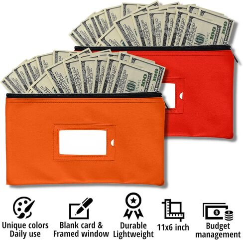 حقيبة نقود مع سحاب | أحمر وبرتقالي | 27.94 × 15.24 سم | حقيبة محفظة جلدية متينة للنقود النقدية من الجلد للرجال والنساء مع نافذة بطاقة تعريف مؤطرة وبطاقة فارغة | من GIDABRAND in Kuwait